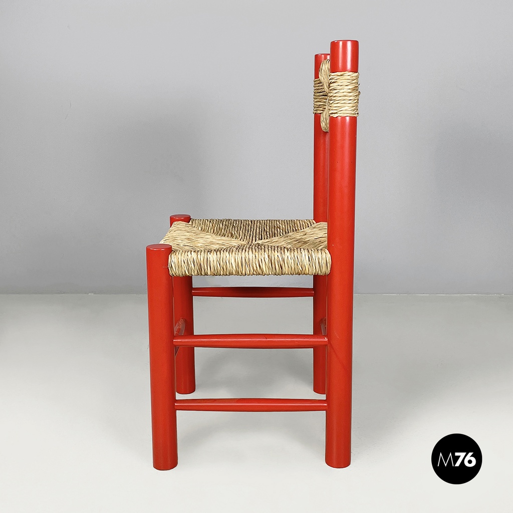 Italian mid-century modern chairs in red wood and straw, 1970s