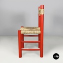 Italian mid-century modern chairs in red wood and straw, 1970s
