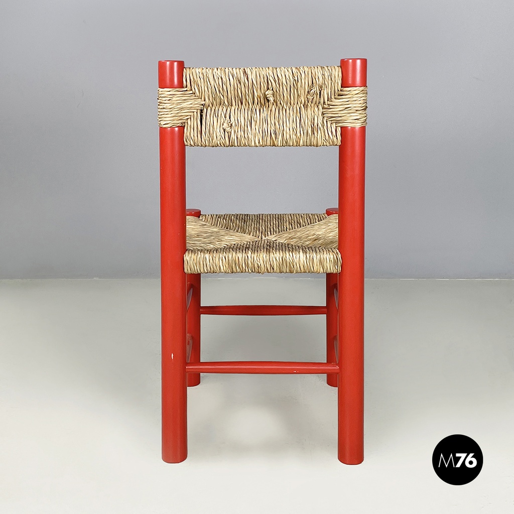 Italian mid-century modern chairs in red wood and straw, 1970s