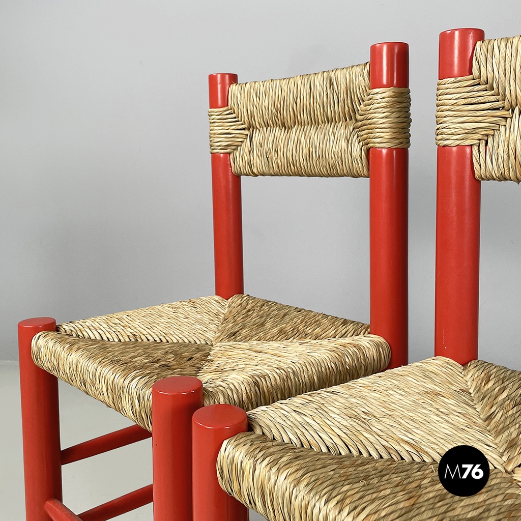 Italian mid-century modern chairs in red wood and straw, 1970s