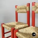 Italian mid-century modern chairs in red wood and straw, 1970s