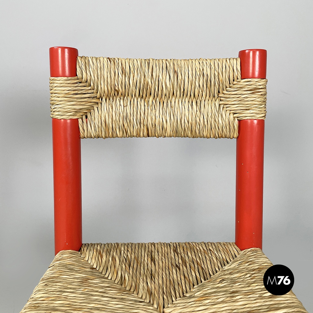 Italian mid-century modern chairs in red wood and straw, 1970s