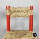 Italian mid-century modern chairs in red wood and straw, 1970s