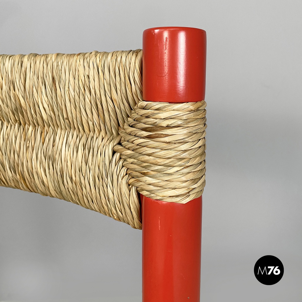 Italian mid-century modern chairs in red wood and straw, 1970s