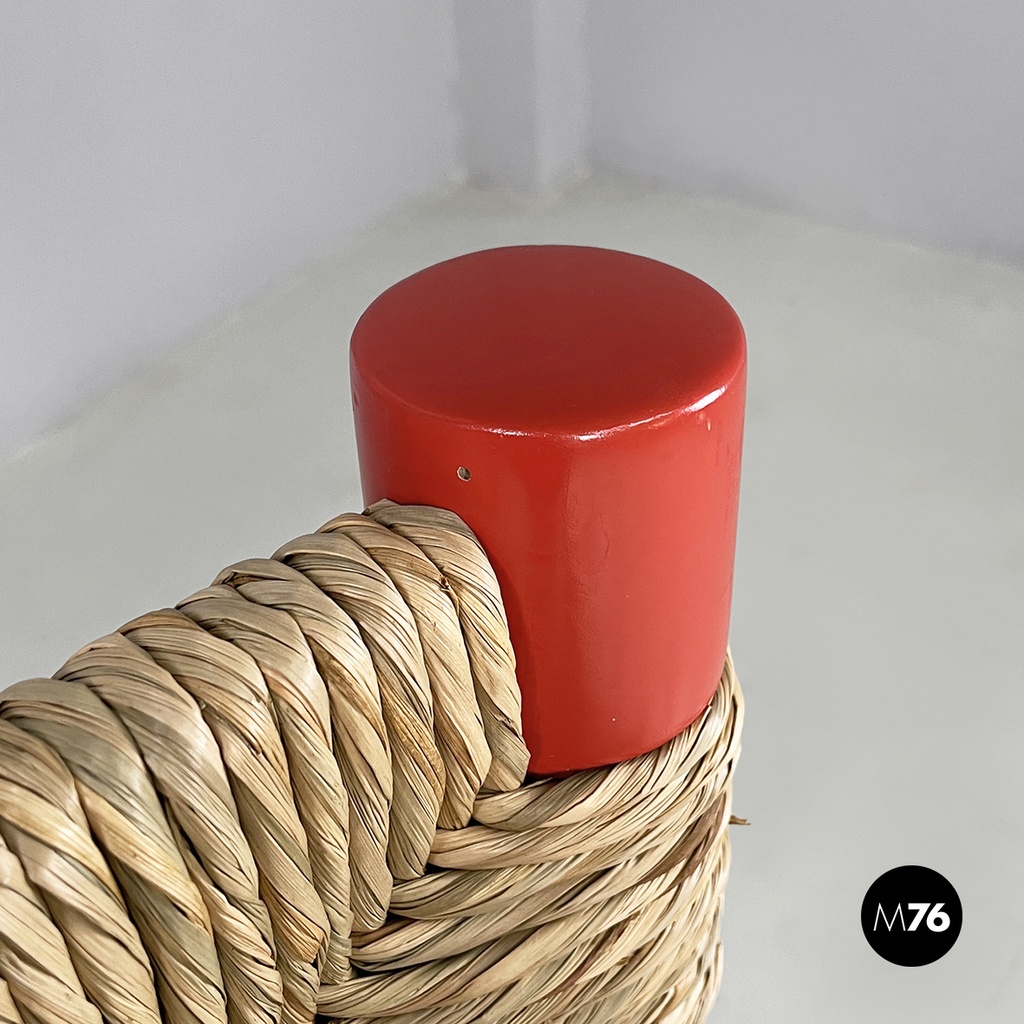 Italian mid-century modern chairs in red wood and straw, 1970s