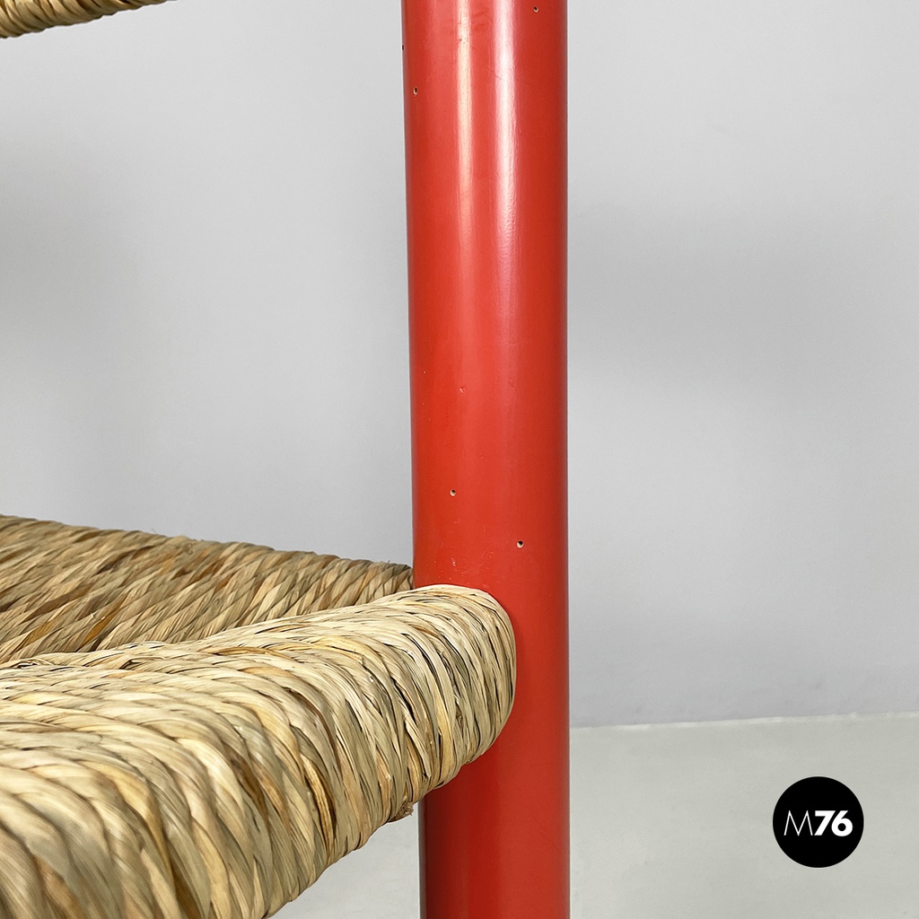 Italian mid-century modern chairs in red wood and straw, 1970s