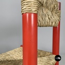 Italian mid-century modern chairs in red wood and straw, 1970s