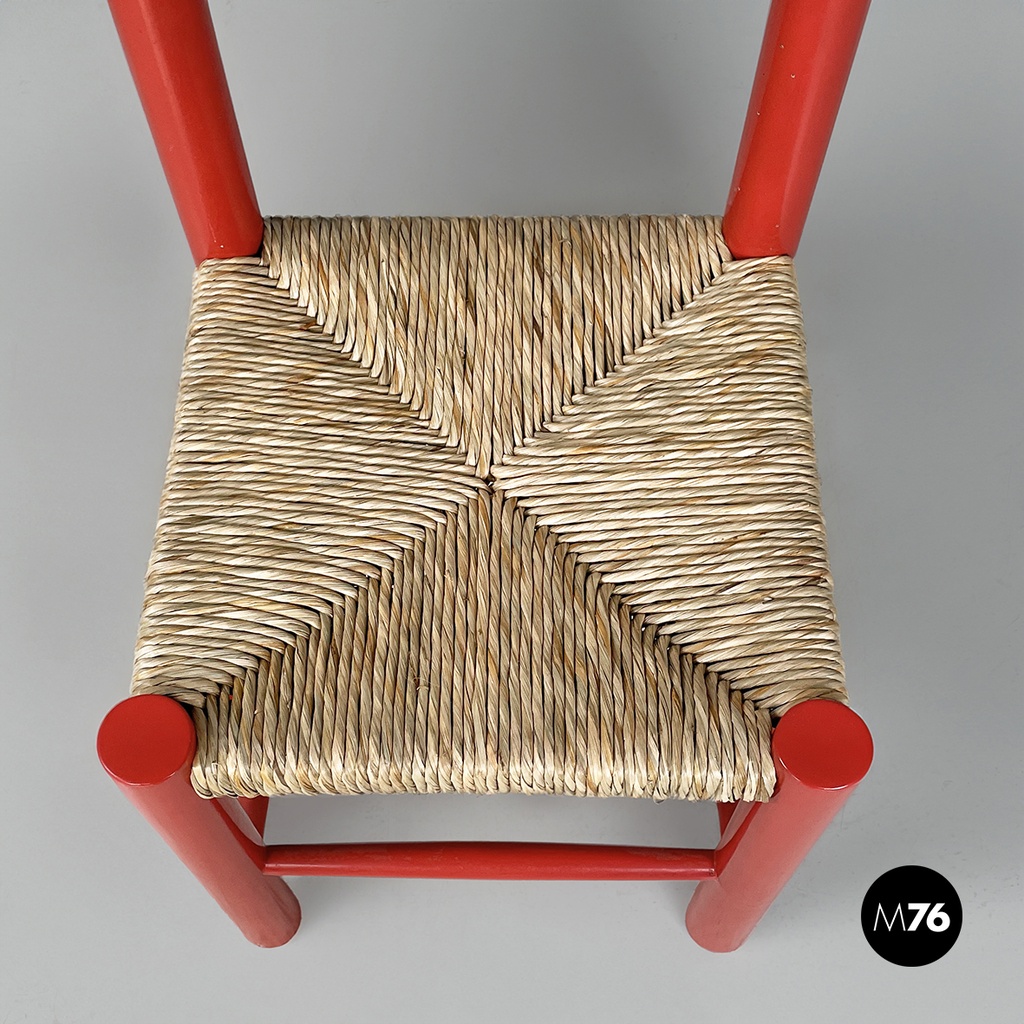 Italian mid-century modern chairs in red wood and straw, 1970s