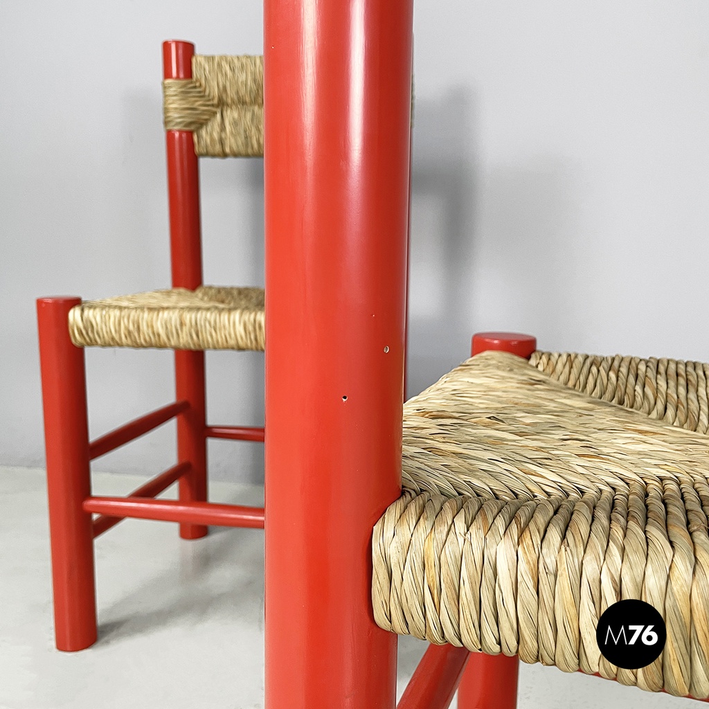 Italian mid-century modern chairs in red wood and straw, 1970s