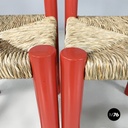 Italian mid-century modern chairs in red wood and straw, 1970s