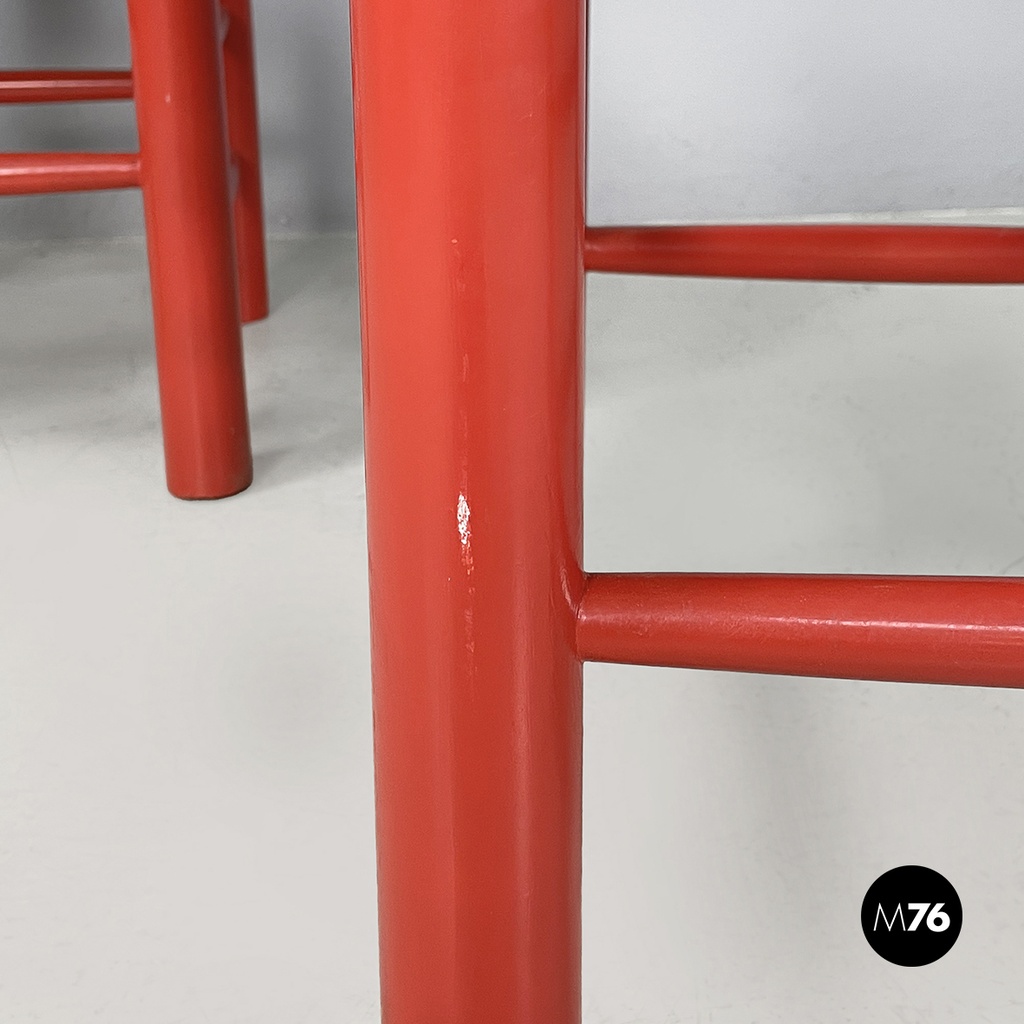 Italian mid-century modern chairs in red wood and straw, 1970s