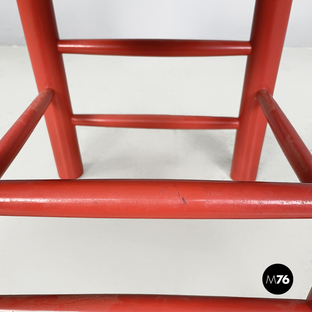 Italian mid-century modern chairs in red wood and straw, 1970s