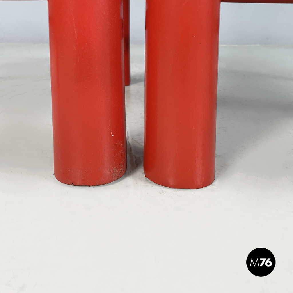 Italian mid-century modern chairs in red wood and straw, 1970s