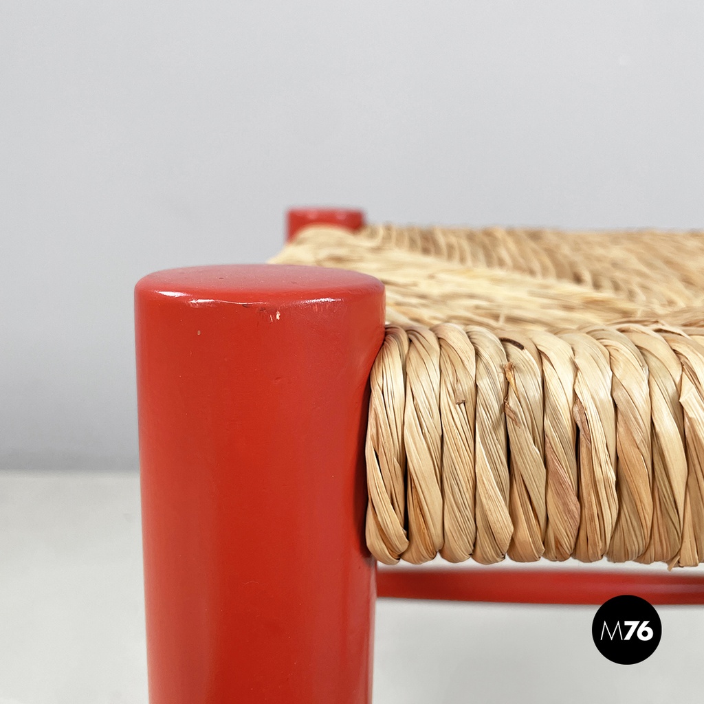 Italian mid-century modern stool in red wood and straw, 1970s
