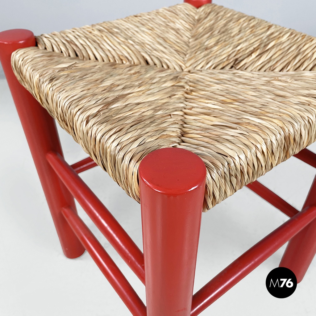 Italian mid-century modern stool in red wood and straw, 1970s