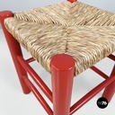 Italian mid-century modern stool in red wood and straw, 1970s