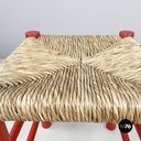 Italian mid-century modern stool in red wood and straw, 1970s