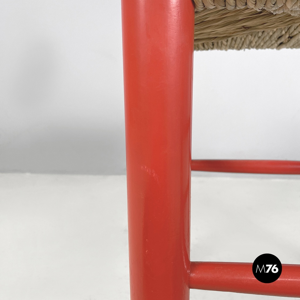 Italian mid-century modern stool in red wood and straw, 1970s