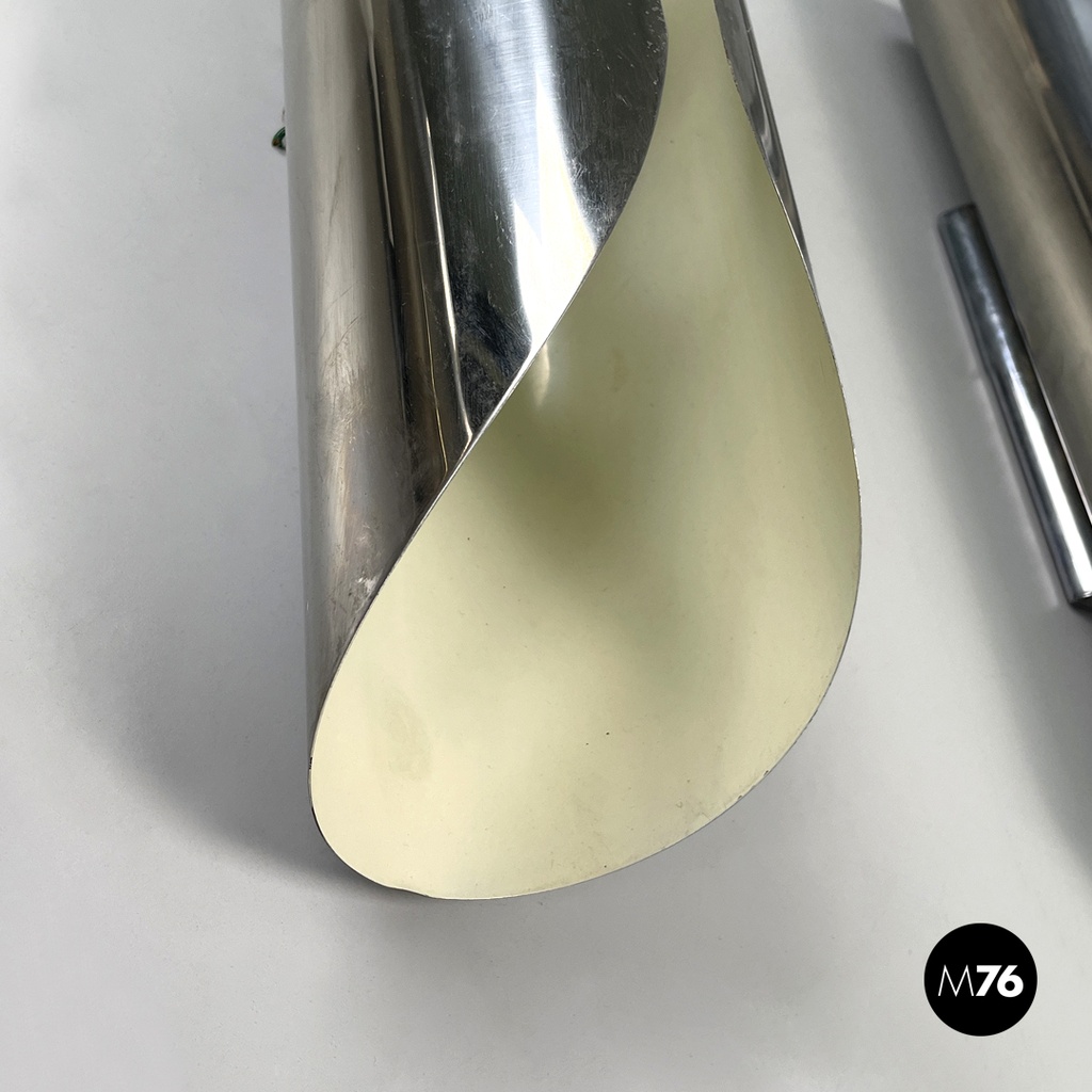 Italian modern chromed metal and white cylindrical wall lamps, 1970s