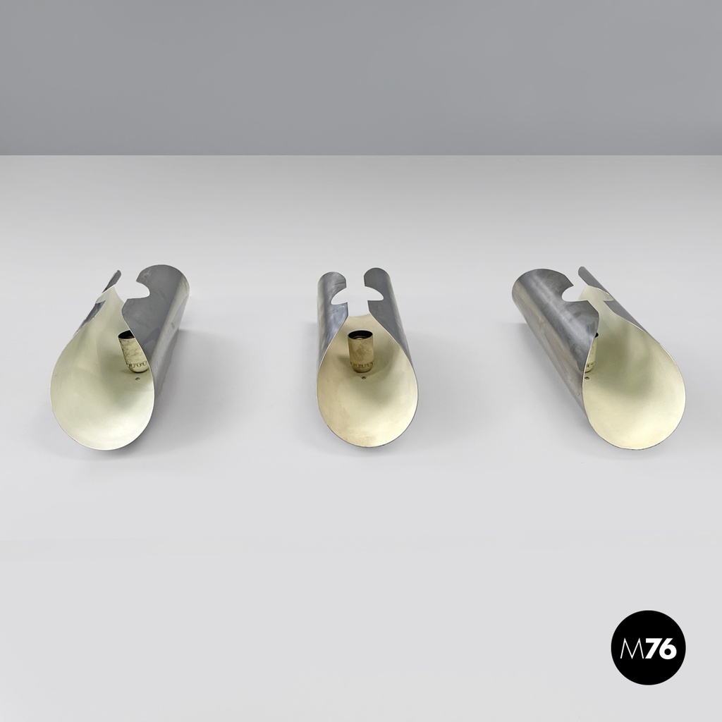 Italian modern chromed metal and white cylindrical wall lamps, 1970s