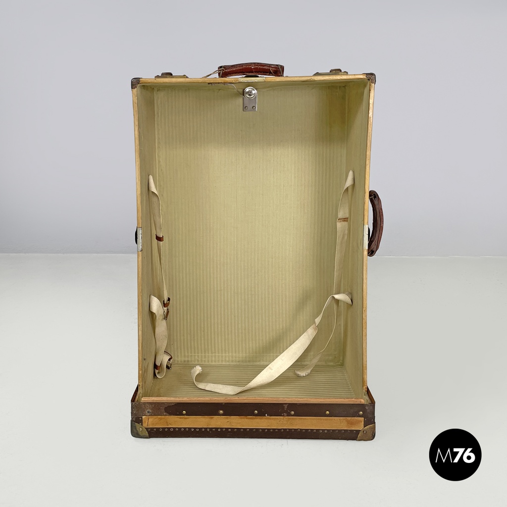 Italian early 1900s brown leather cardboard travel trunk with key, early 1900s