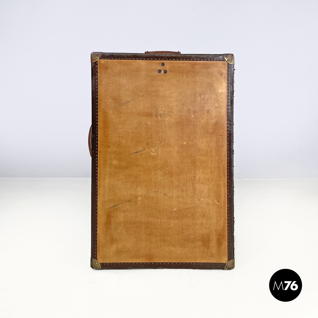 Italian early 1900s brown leather cardboard travel trunk with key, early 1900s