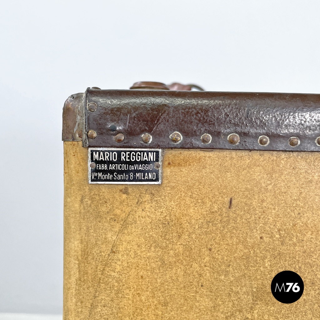 Italian early 1900s brown leather cardboard travel trunk with key, early 1900s