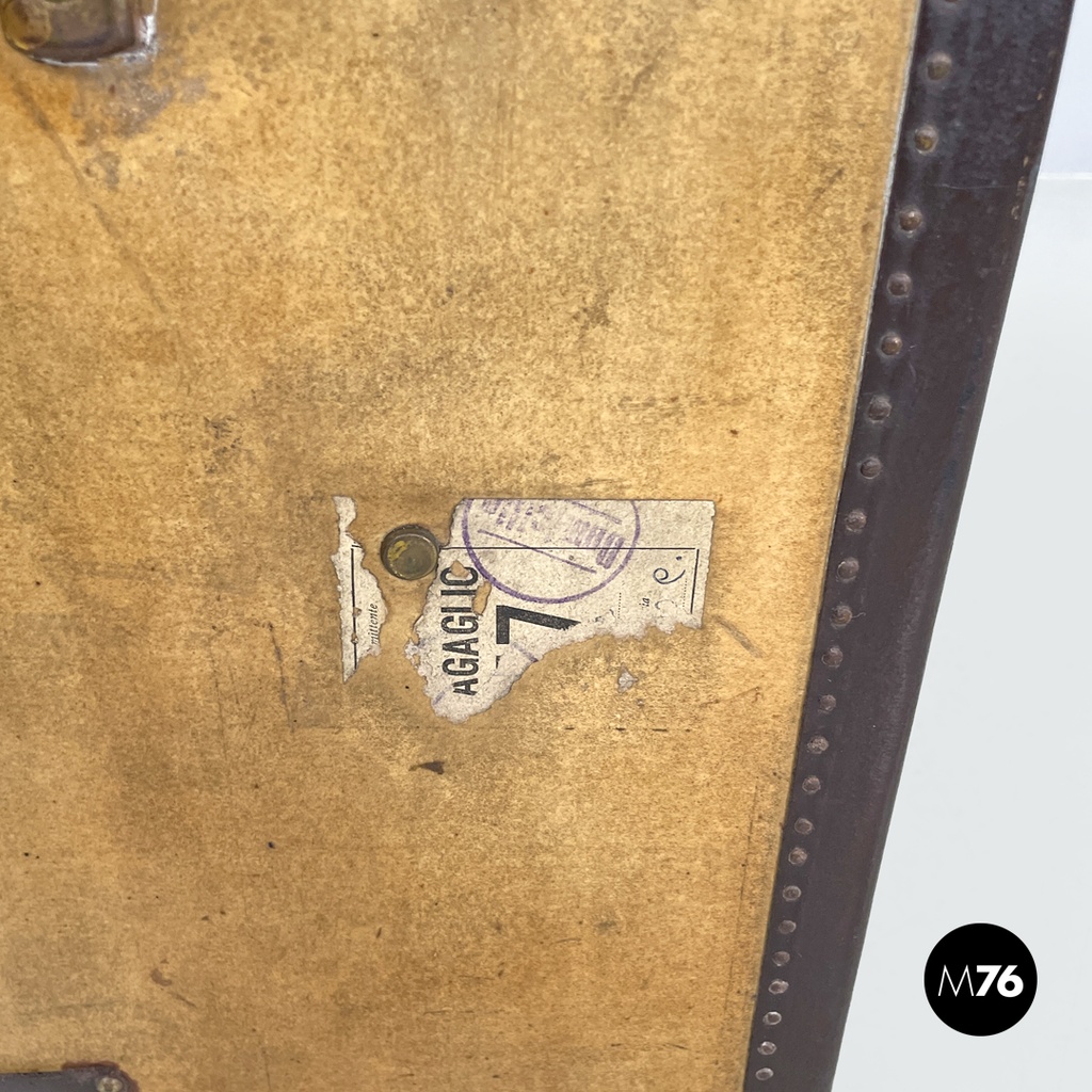 Italian early 1900s brown leather cardboard travel trunk with key, early 1900s