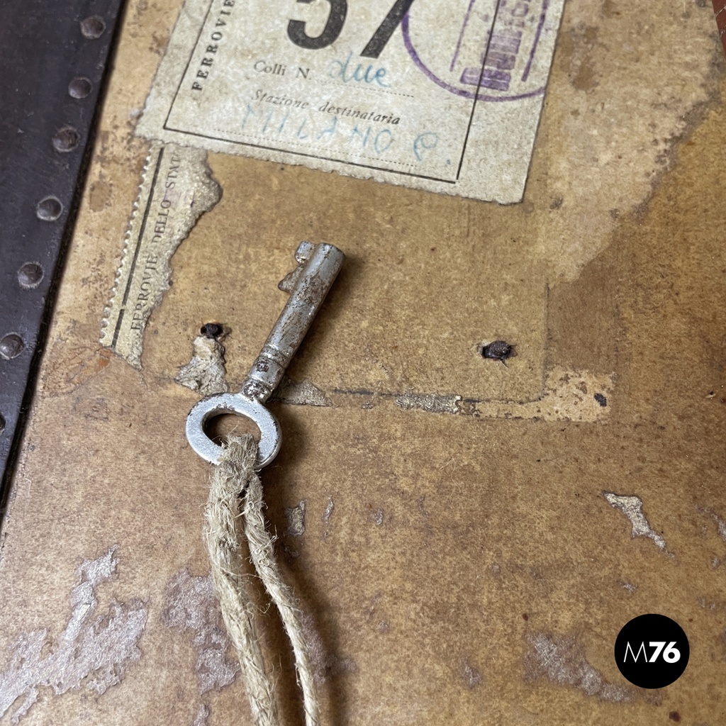 Italian early 1900s brown leather cardboard travel trunk with key, early 1900s