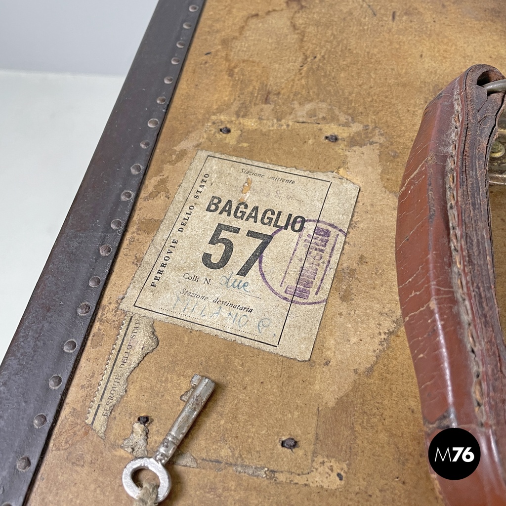 Italian early 1900s brown leather cardboard travel trunk with key, early 1900s