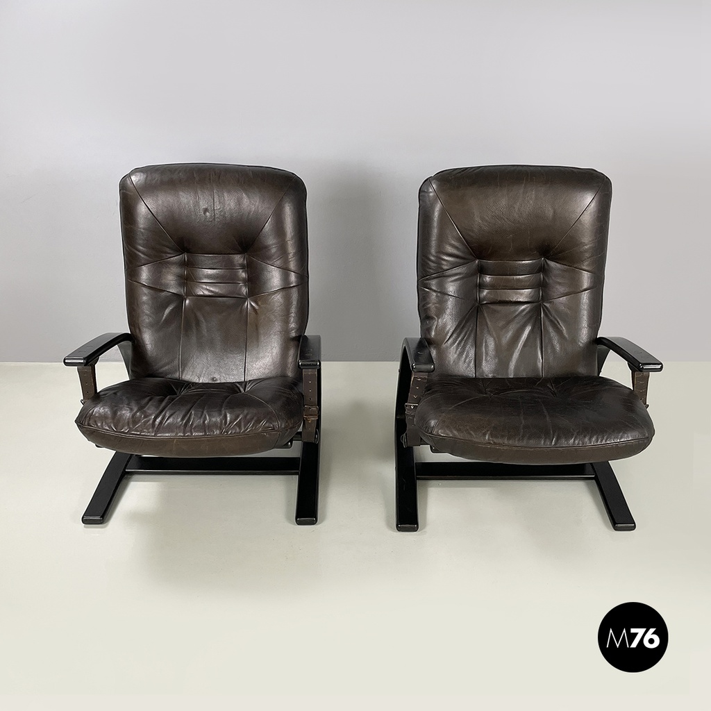 Italian modern Dark brown leather Reclining armchairs and pouf by De Sede, 1970s