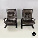 Italian modern Dark brown leather Reclining armchairs and pouf by De Sede, 1970s