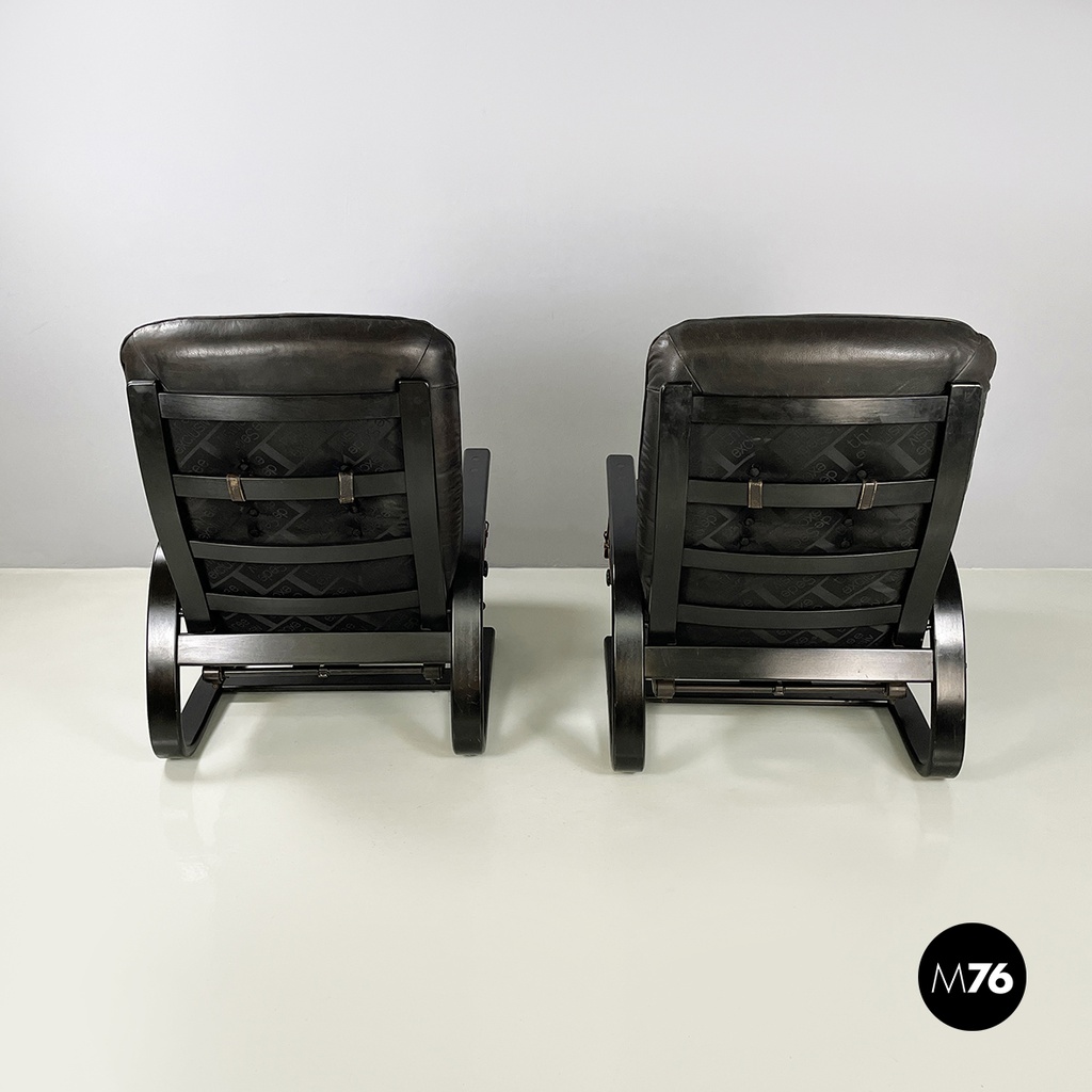 Italian modern Dark brown leather Reclining armchairs and pouf by De Sede, 1970s