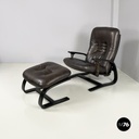 Italian modern Dark brown leather Reclining armchairs and pouf by De Sede, 1970s