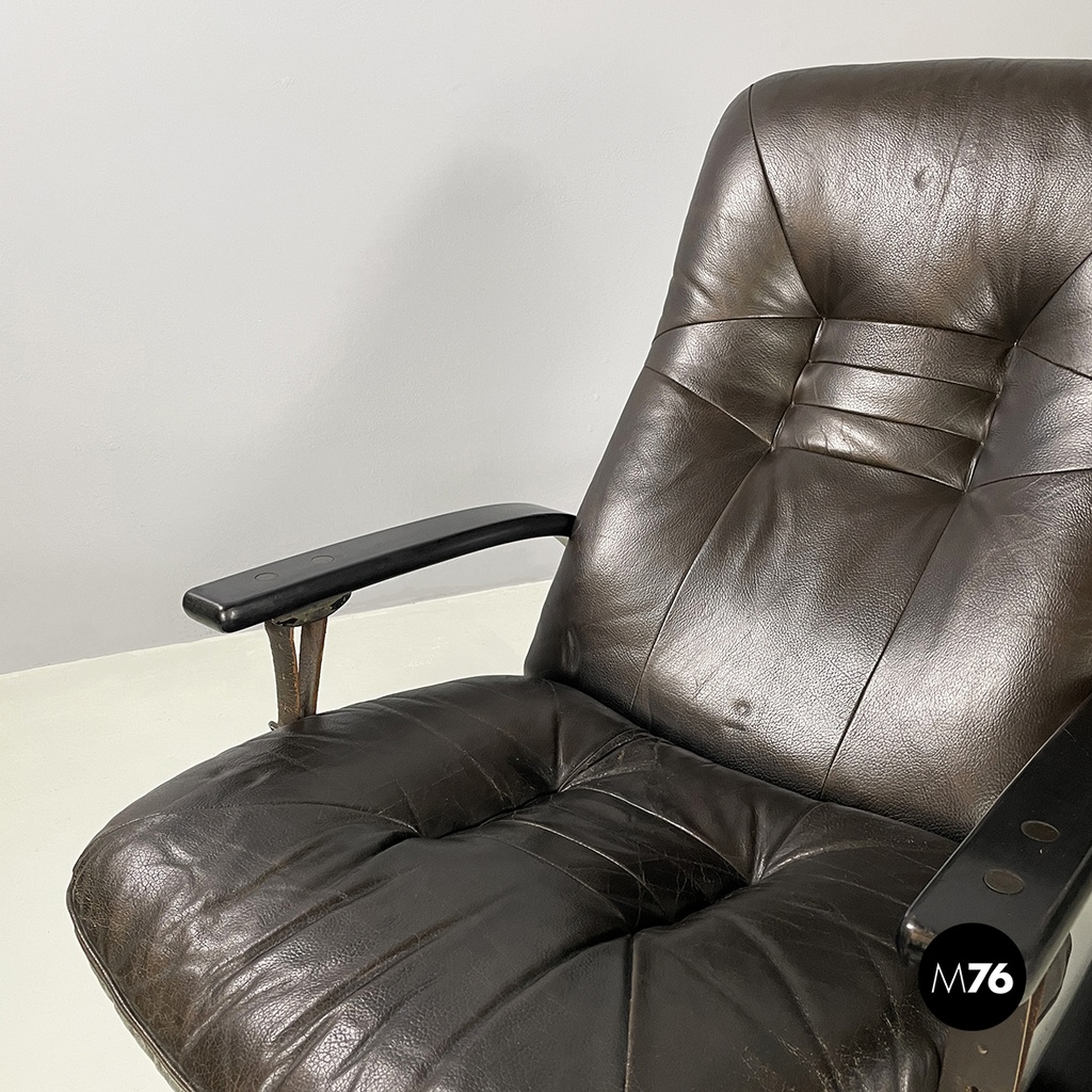 Italian modern Dark brown leather Reclining armchairs and pouf by De Sede, 1970s