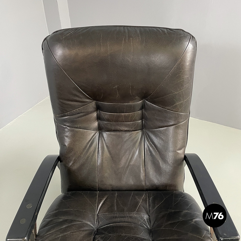 Italian modern Dark brown leather Reclining armchairs and pouf by De Sede, 1970s