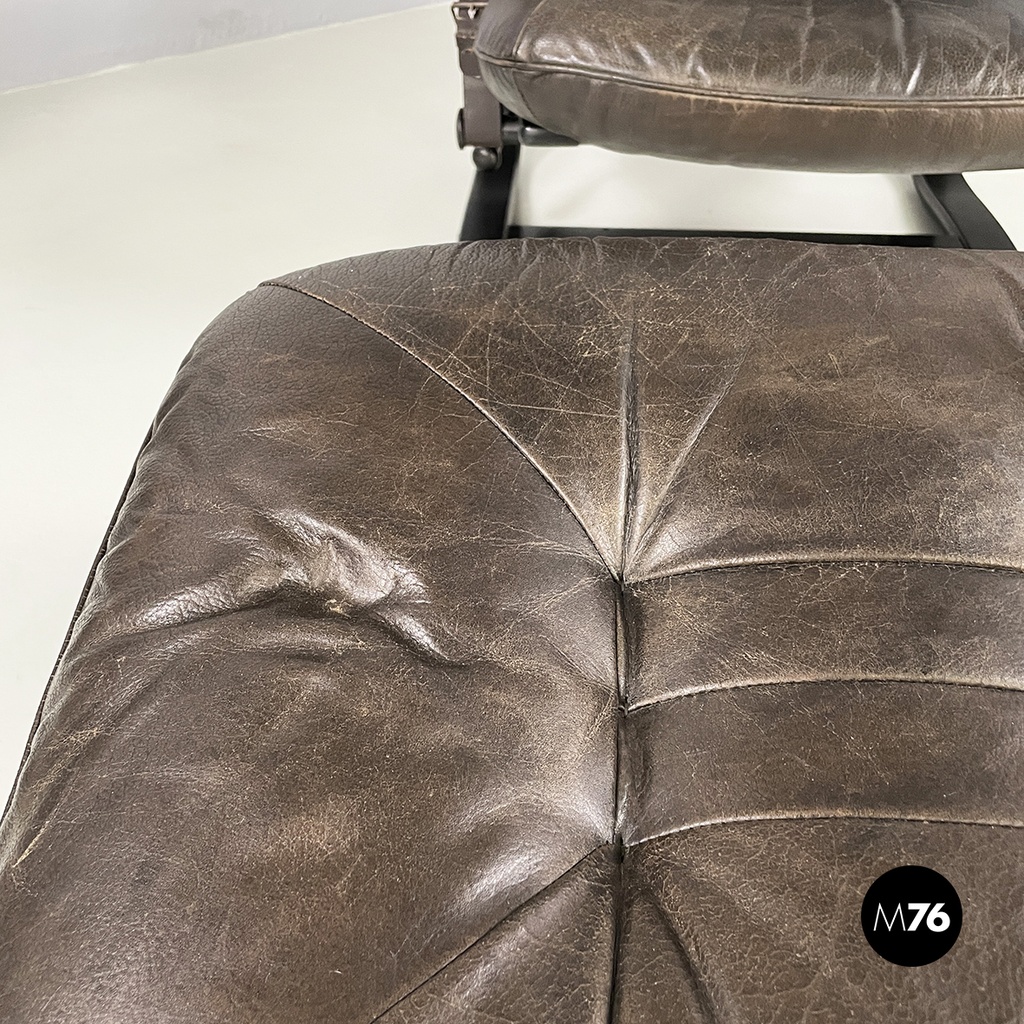 Italian modern Dark brown leather Reclining armchairs and pouf by De Sede, 1970s