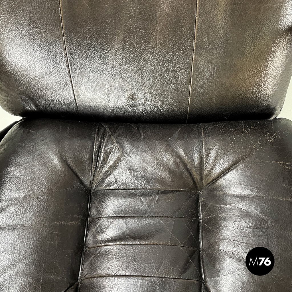 Italian modern Dark brown leather Reclining armchairs and pouf by De Sede, 1970s