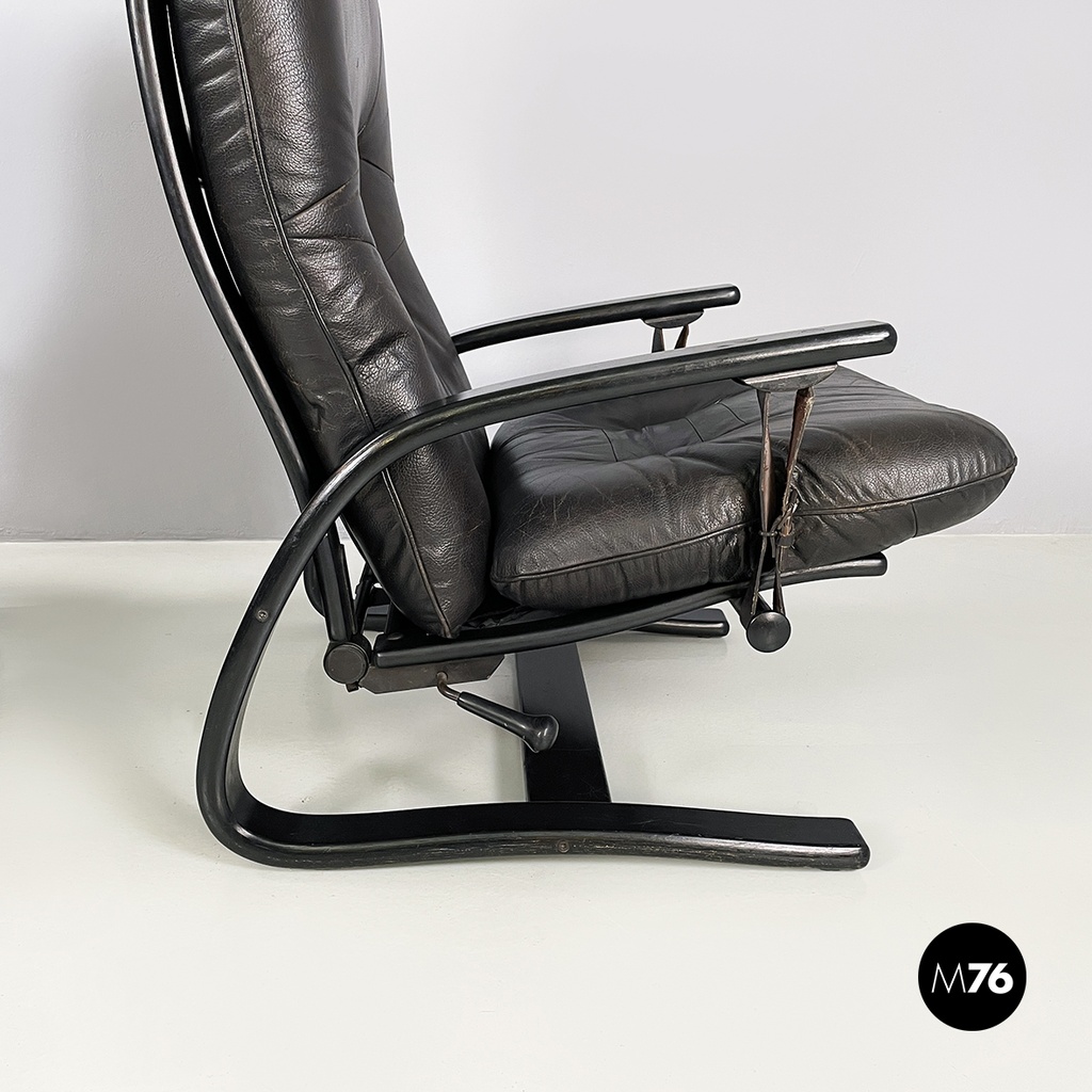 Italian modern Dark brown leather Reclining armchairs and pouf by De Sede, 1970s