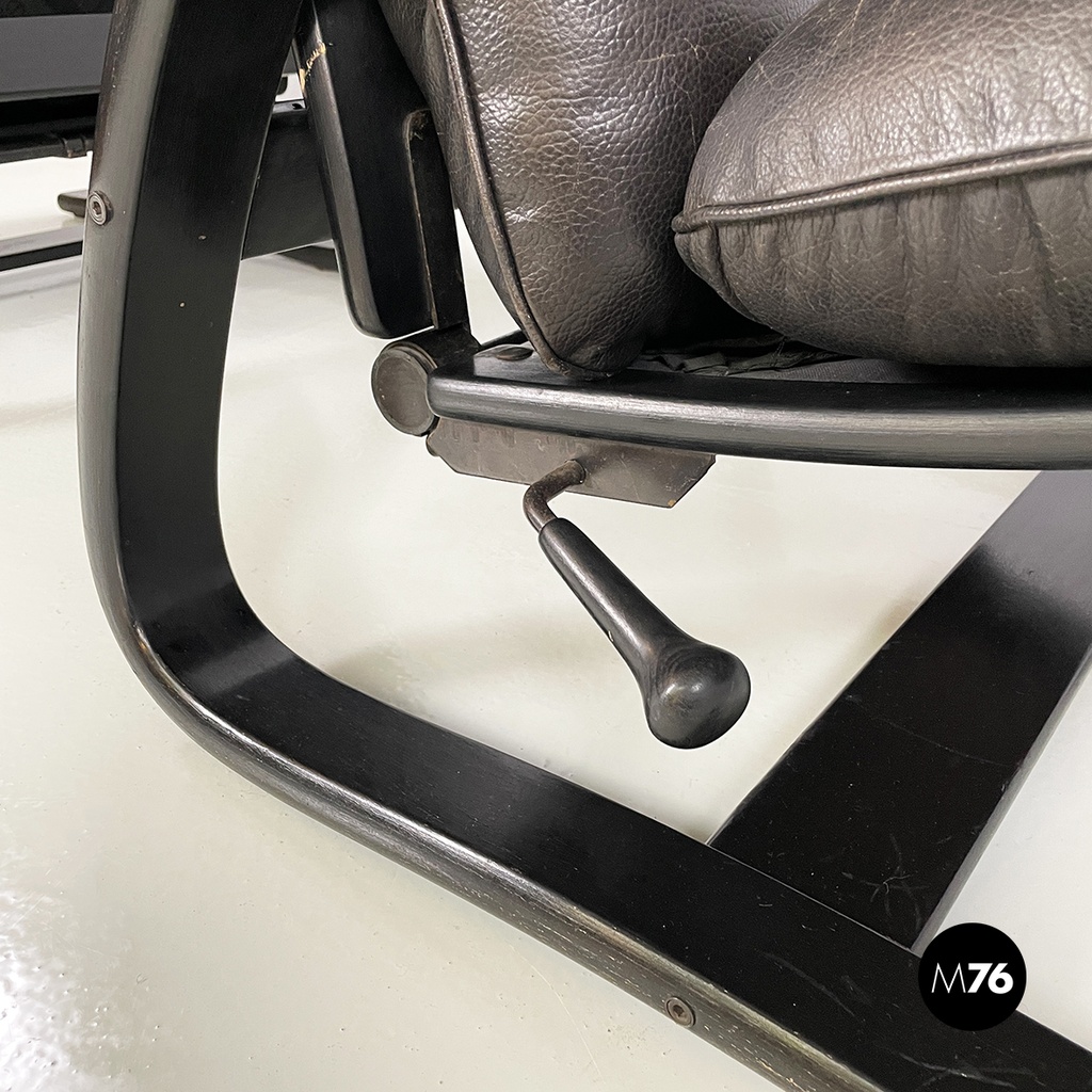 Italian modern Dark brown leather Reclining armchairs and pouf by De Sede, 1970s