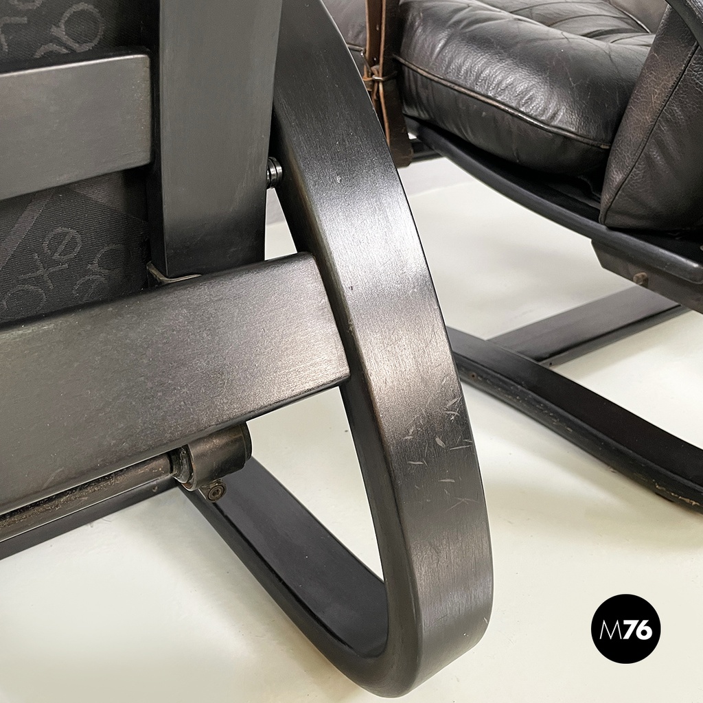 Italian modern Dark brown leather Reclining armchairs and pouf by De Sede, 1970s