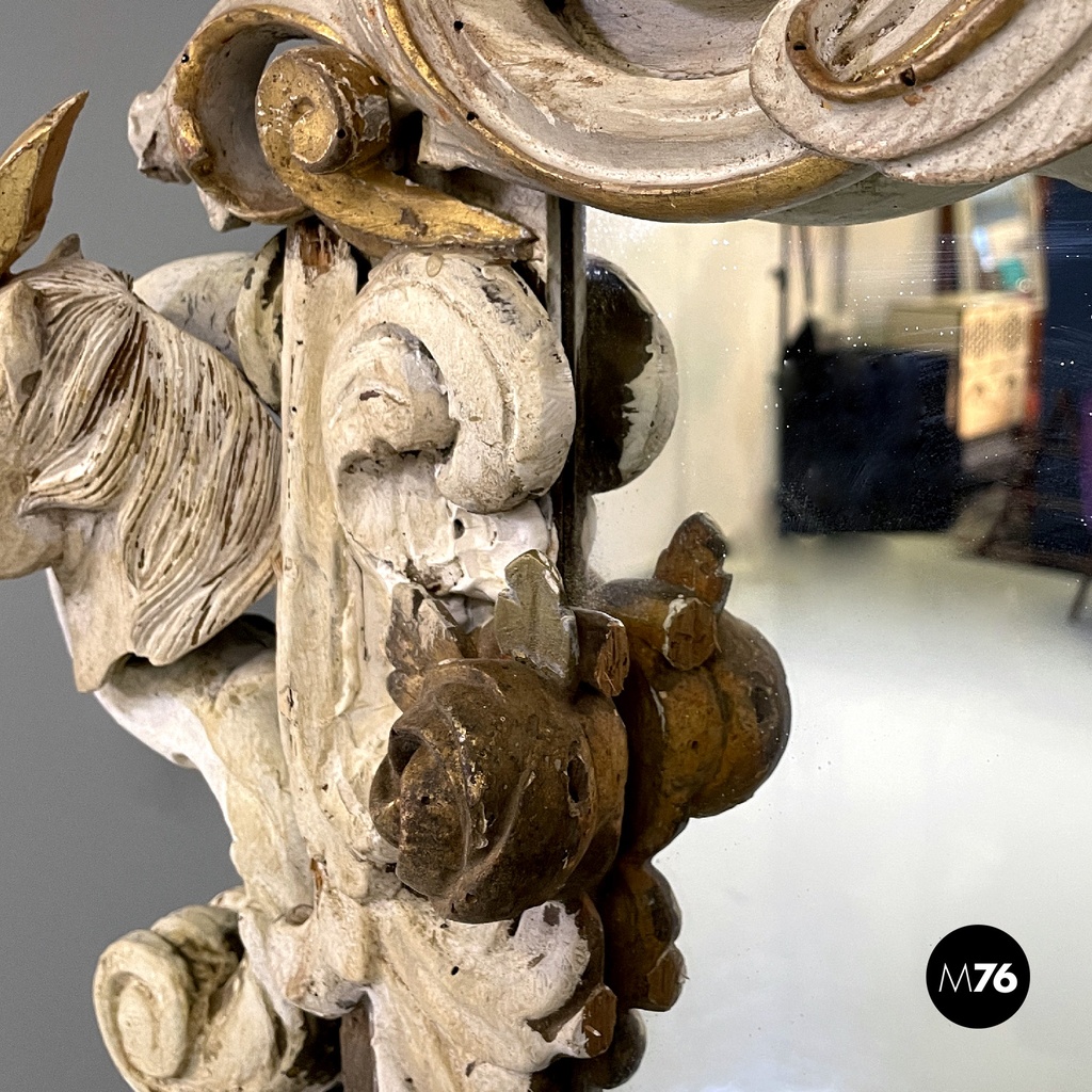 Italian antique white and golden wood wall mirror with animal decorations, 1990s