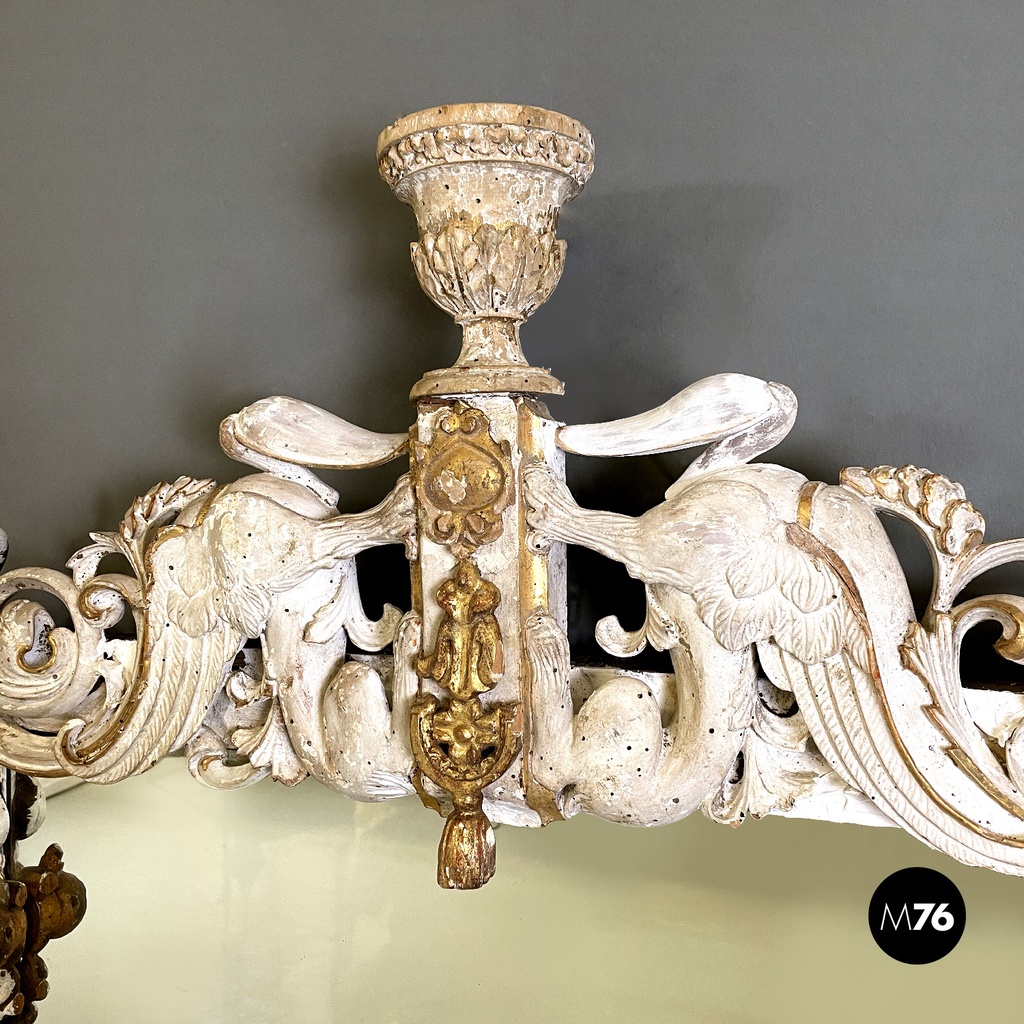 Italian antique white and golden wood wall mirror with animal decorations, 1990s