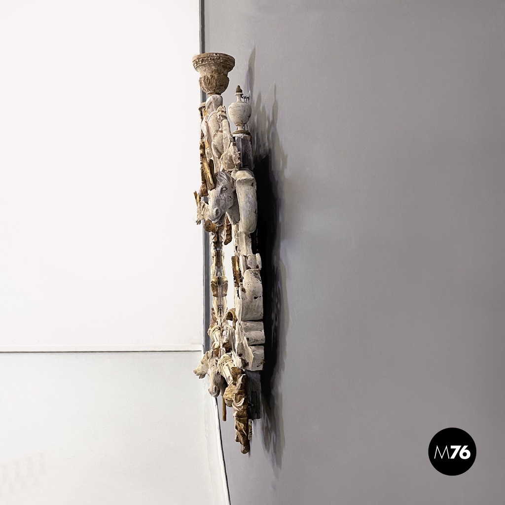 Italian antique white and golden wood wall mirror with animal decorations, 1990s