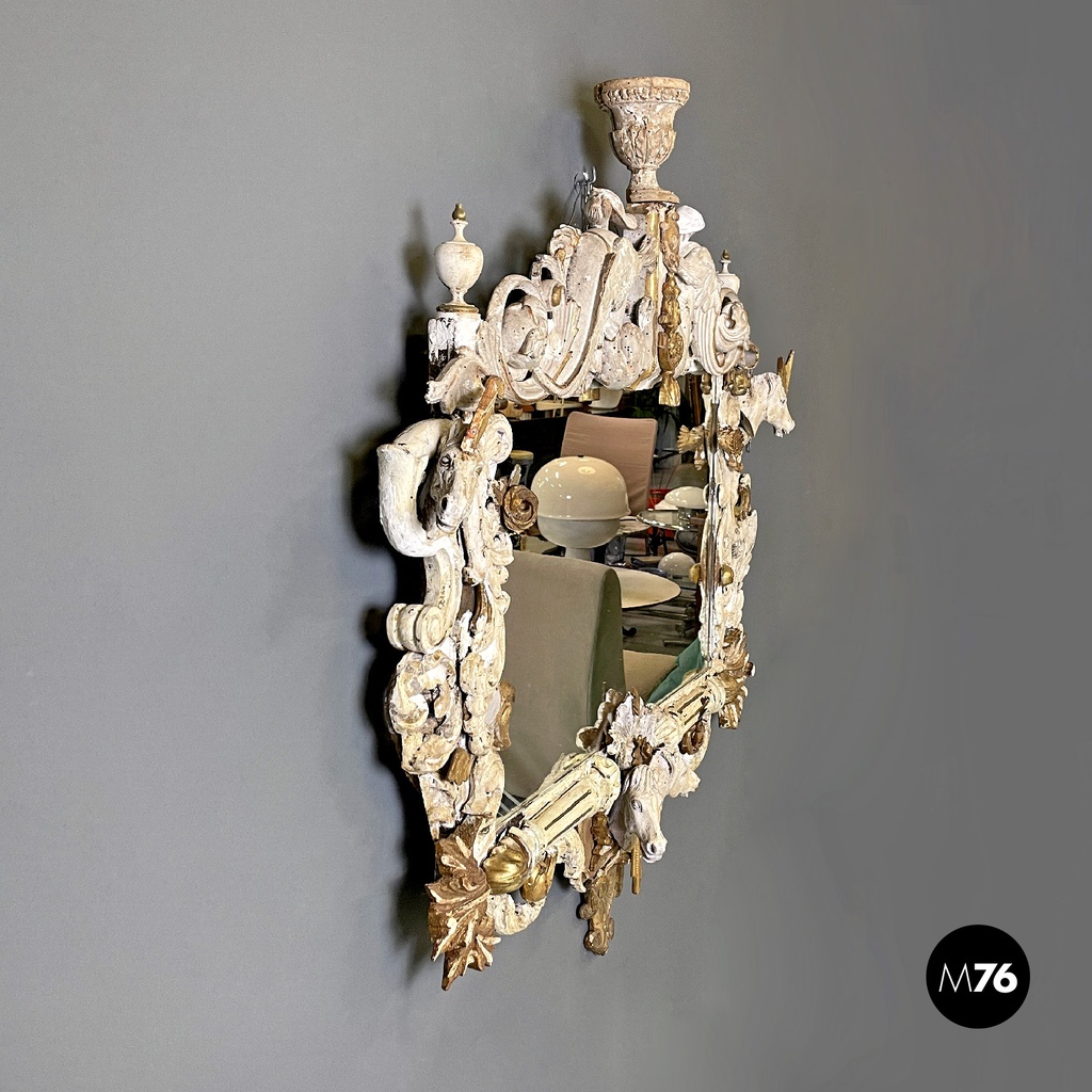 Italian antique white and golden wood wall mirror with animal decorations, 1990s