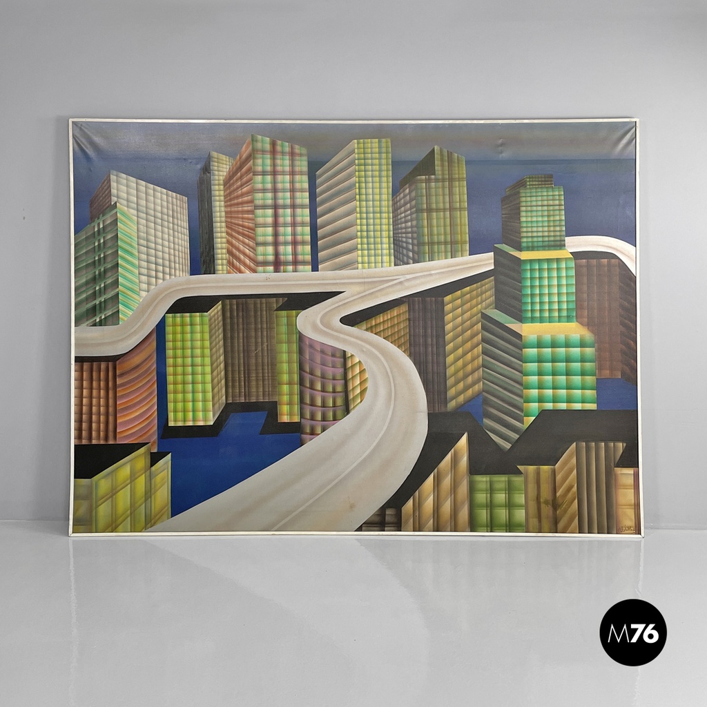 Italian modern urban landscape airbrush painting by Alvise Besutti, 1980s