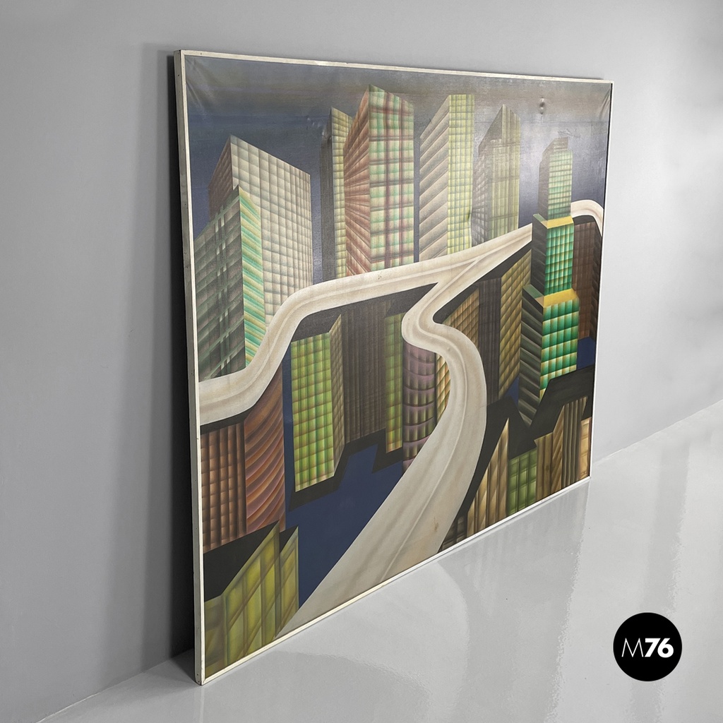 Italian modern urban landscape airbrush painting by Alvise Besutti, 1980s
