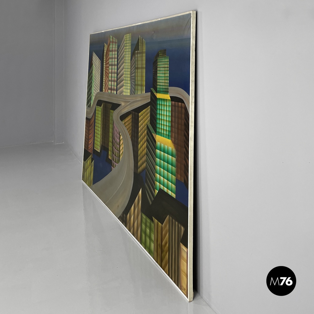 Italian modern urban landscape airbrush painting by Alvise Besutti, 1980s