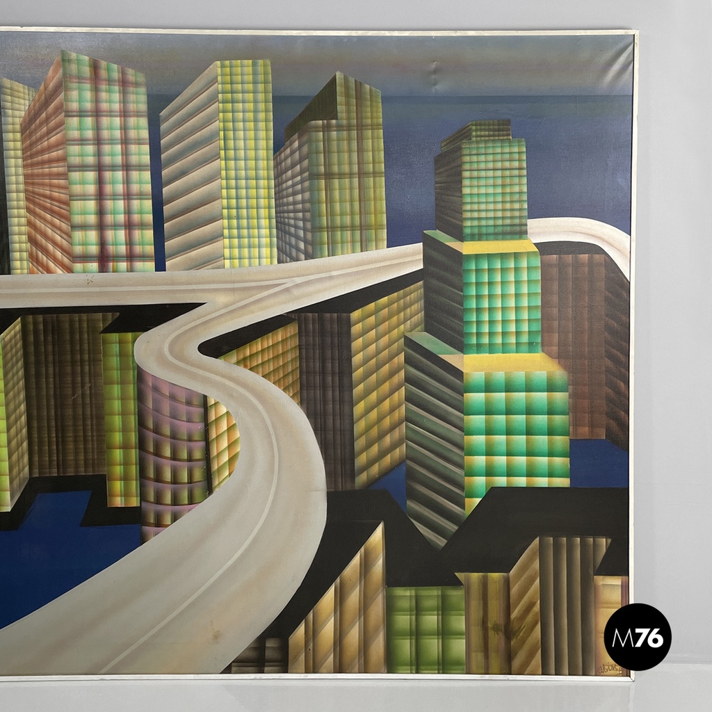 Italian modern urban landscape airbrush painting by Alvise Besutti, 1980s