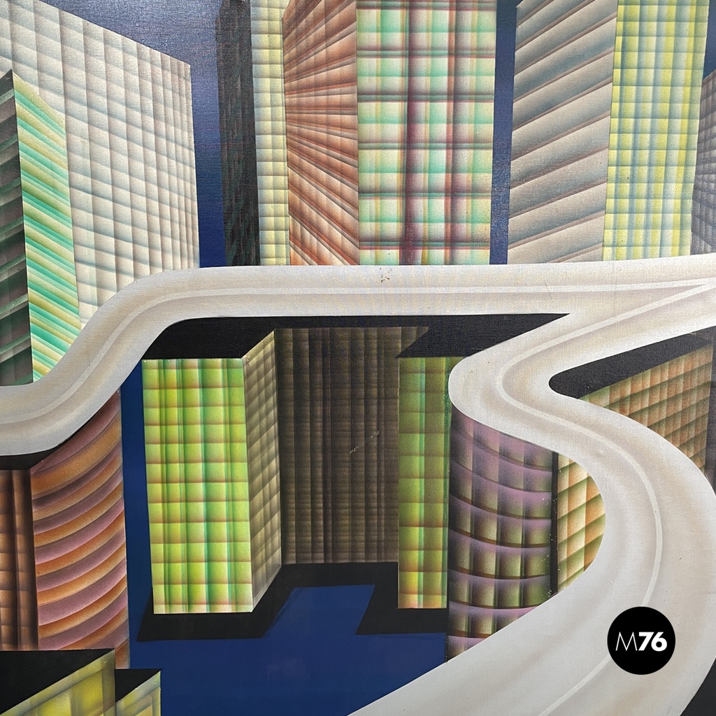 Italian modern urban landscape airbrush painting by Alvise Besutti, 1980s